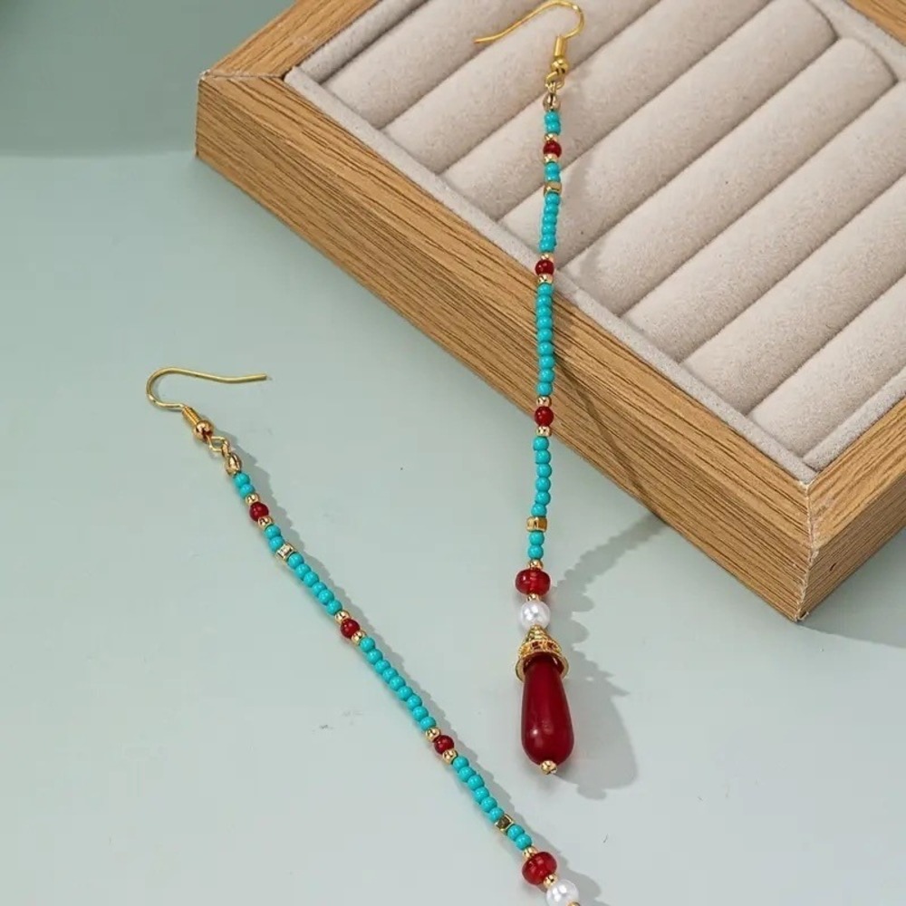 Boho Beaded Dangle Earrings Red Turquoise Seed Bead Drop Earrings